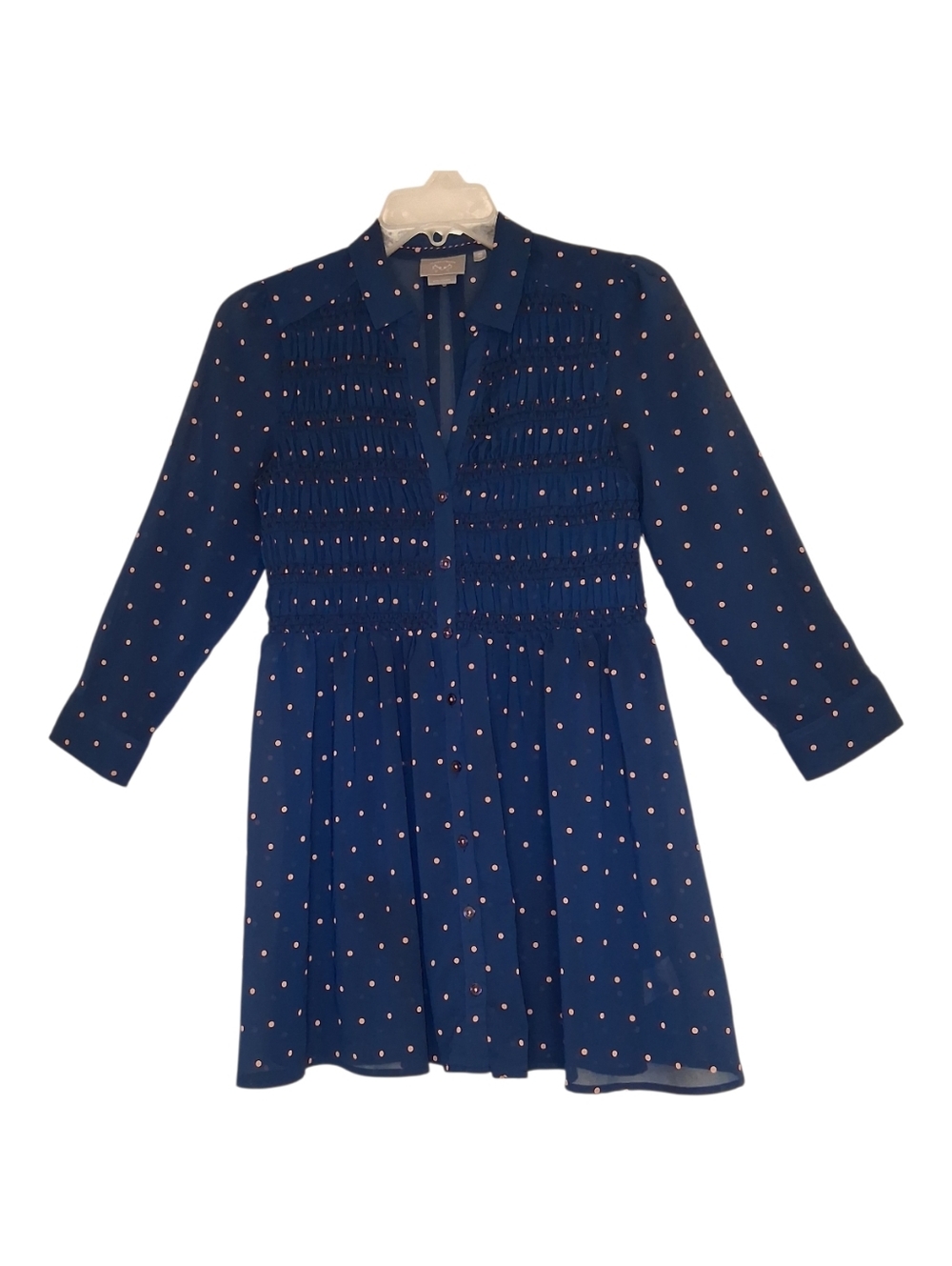 Vanessa Virginia Anthropologie Smocked Polka Dot Tunic Mini Dress Sz 4 Navy Pink